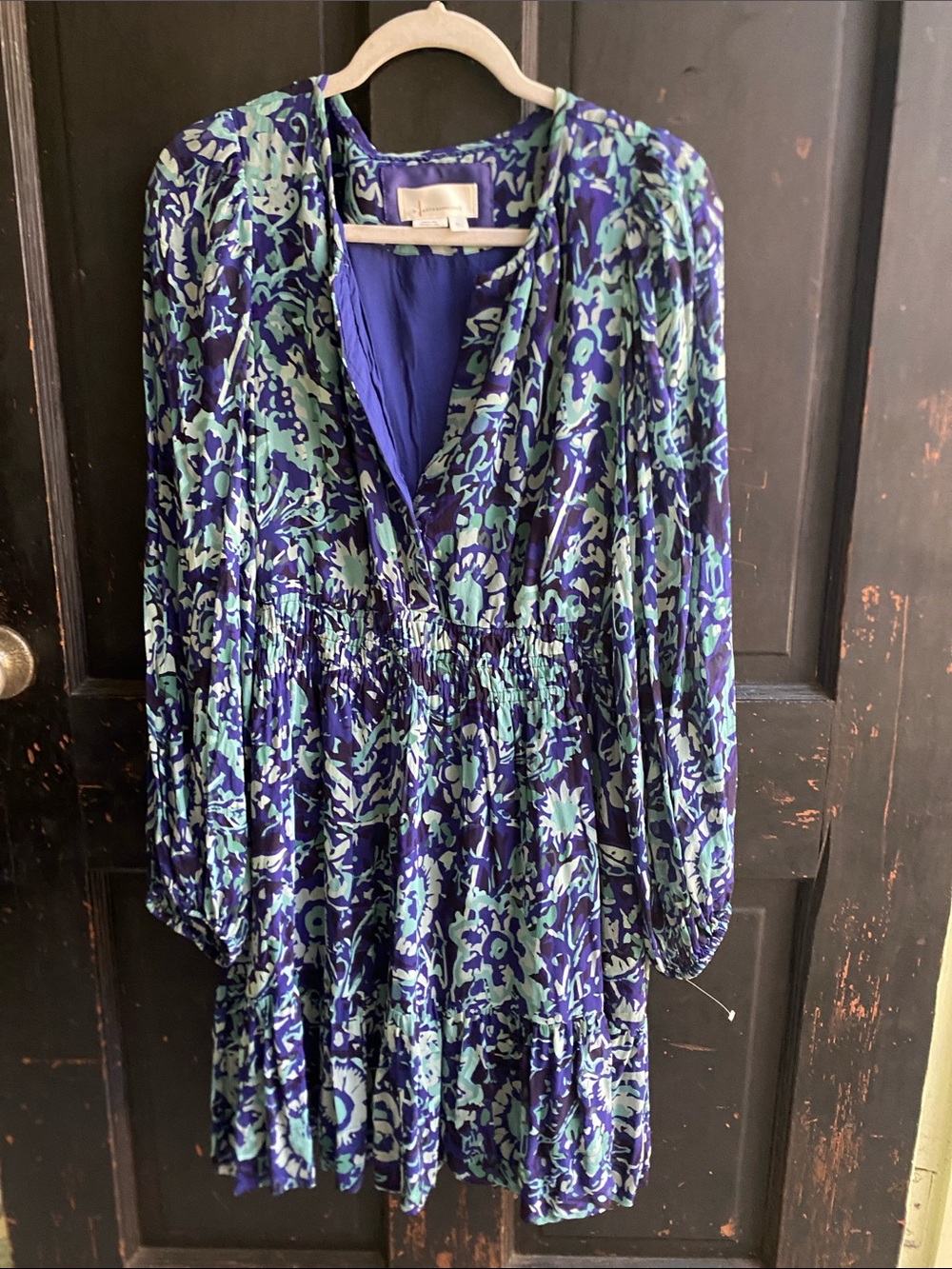 Anthropologie Blue and Mint Floral Long Sleeve V-Neck Dress